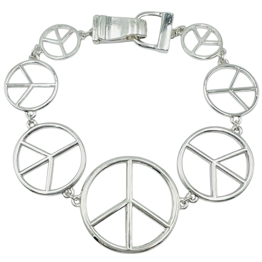 Peace Sign Silver Tone Magnetic Clasp Bracelet
